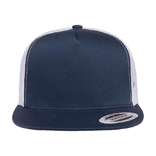 Yupoong 5-Panel YP Classic Trucker Cap | High Profile Flat Visor Snapback - color: Navy/White