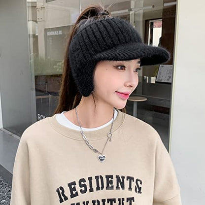 Open Beanie with Earflaps Visor Brim Bun Ponytail Winter Golf Tennis Hats Women - color: Black