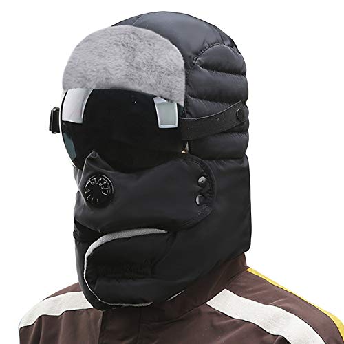 Winter 3 in 1 Thermal Fur Lined Trapper Hat with Ear Flap Full Face Warmer Cover Windproof Cycling Motorcycle Headwear - color: Black Fur Cap+black Windproof Glasses