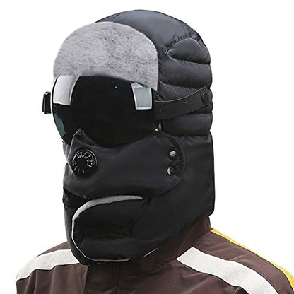 Winter 3 in 1 Thermal Fur Lined Trapper Hat with Ear Flap Full Face Warmer Cover Windproof Cycling Motorcycle Headwear - color: Black Fur Cap+black Windproof Glasses