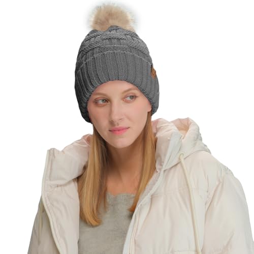 C.C Knit Beanie Hat – Fuzzy Fleece Lined Warm Winter Hat, Faux Fur Pom Soft Stretchy Slouchy Knit Cap, Cold Weather Beanie - color: Light Melange Grey