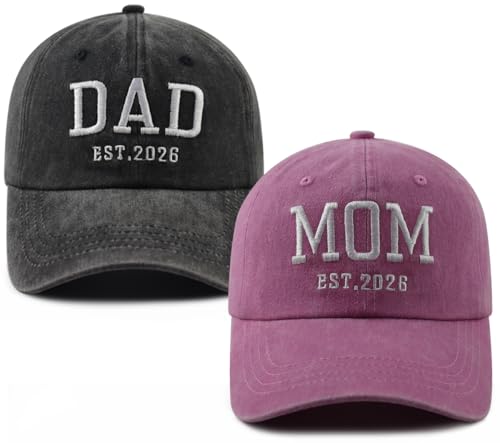 2PCS Mom and Dad EST 2027 2026 Hats for Women Men, New Parents Baseball Cap - color: Black and Pink