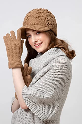 Womens Winter Elegant Cable Flower Knitted Newsboy Cabbie Cap Beret Beanie Hat with Visor, Warm Plush Fleece Lined - color: Camel Cable Flower-hat Gloves Set