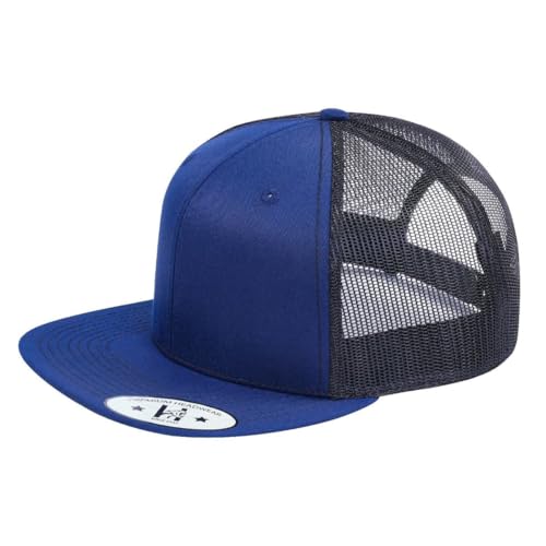 DT-118 Blank 6-Panel Flat-Bill Snapback Trucker Hat - color: Navy and Black T6f-ntc-b