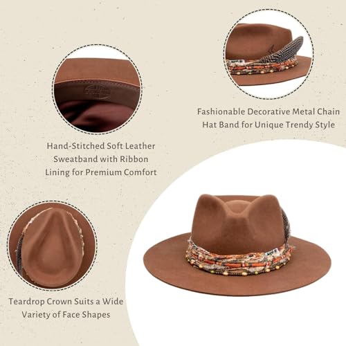RUEDIGER Vintage Wide Brim Fedora Hats 100% Wool Stiff Felt Hat Rancher Hat with Lightning Logo Handmade Distressed/Burned - color: Coffee, size: 7 1/8
