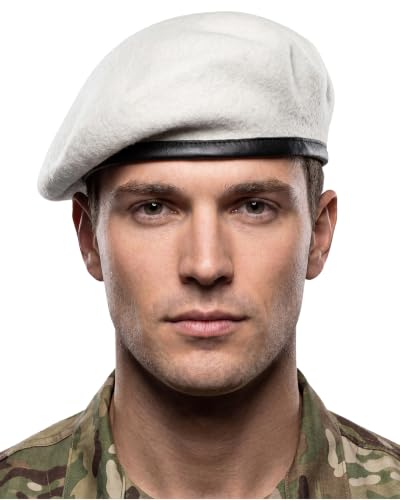 Men's Military Beret Hat 10 Colors - Premium Wool Army Beret with Leather Trim & Breathable Polyester-Cotton Blend Lining - color: White
