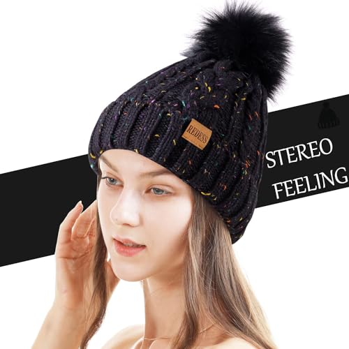 REDESS Women Winter Pompom Beanie Hat with Warm Fleece Lined Thick Slouchy Snow Knit Hat Skull Ski Cap - color: Dot Black