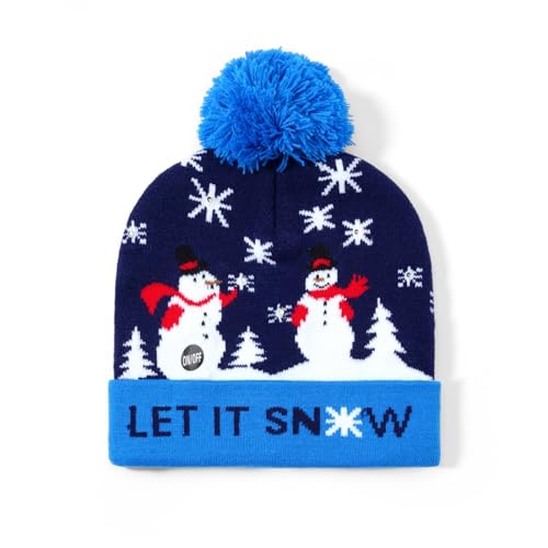 Christmas Hat 2 Pack Light Up Knitted Beanie Hat Xmas Santa Holiday Cap LED Lights - color: Blue+red