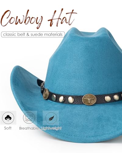 Western Cowboy Hat for Men Wide Brim Suede Cattleman Cowgril Hats - color: Black Belt /Peacock Blue