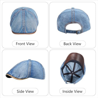 meioro Mens Denim Newsboy Hat 6 Panel Cotton Adjustable Flat Cap - color: Blue