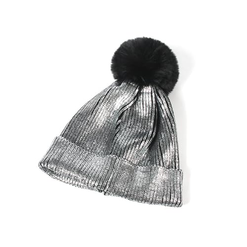 Metallic Winter Cable Knit Beanie Hat Cap Warm Soft Skull Caps with Furry Fur Pom Pom - color: Silver