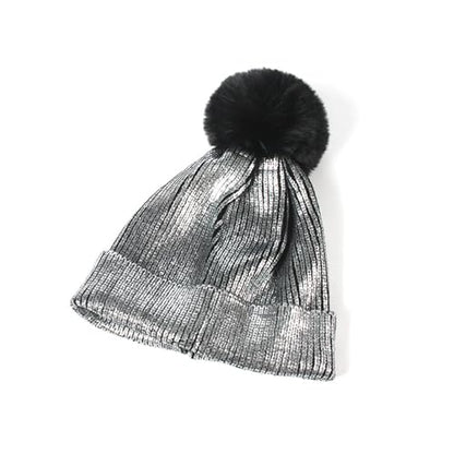 Metallic Winter Cable Knit Beanie Hat Cap Warm Soft Skull Caps with Furry Fur Pom Pom - color: Silver