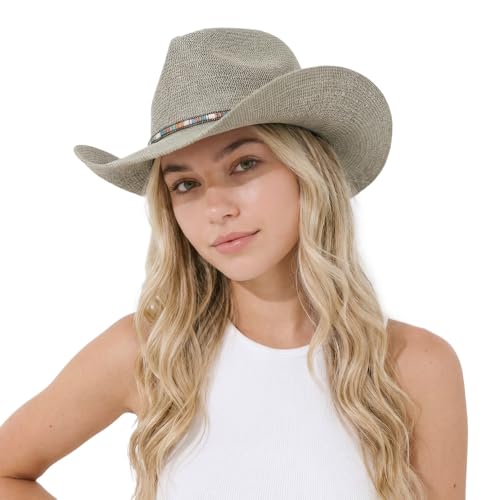 C.C Knitted Cowboy Hat for Women Lightweight Woven Western Hat with Multicolor Trim Band, Wide Brim Summer Sun Hat - color: Sage