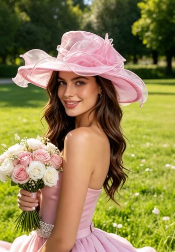 SAFERIN Women's Organza Church Fascinator Bridal Tea Party Wedding Hat - color: Tz-pink Flower