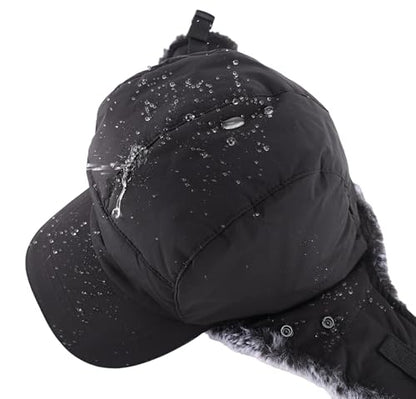 Connectyle Trapper Hat for Men Women Faux Fur Winter Hat with Ear Flaps Water-Resistant Hunting Hats Ushanka Skiing Cap - color: Black