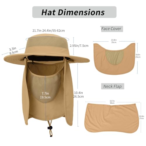 Outdoor Sun Hat UPF 50 Protection Waterproof Fishing hat Face Cover Summer Neck Flap Hat - color: Khaki Pro