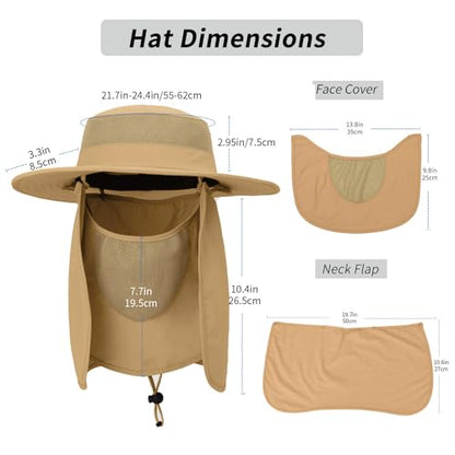 Outdoor Sun Hat UPF 50 Protection Waterproof Fishing hat Face Cover Summer Neck Flap Hat - color: Khaki Pro
