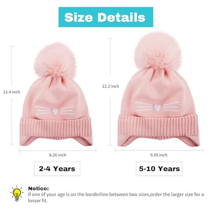Girls Beanie Knit Hat with Ear Flaps Rainbow Cat Hats Toddler Kids Winter Outdoor Skull Snow Ski Cap Age 2-10 - color: Pink, size: 5-10 Years