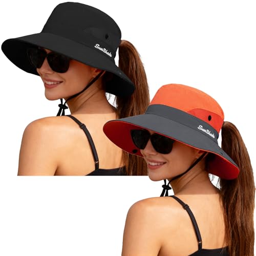 ZOORON Women's Ponytail Safari Sun Hat,Wide Brim UV Protection Bucket Hat - color: 2-black+orange