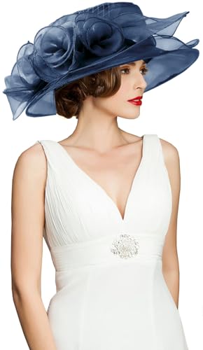 Women's Kentucky Derby Church Dress Hat Wide Brim Leaf Flower Bridal Shower Hat - color: A4 Navy