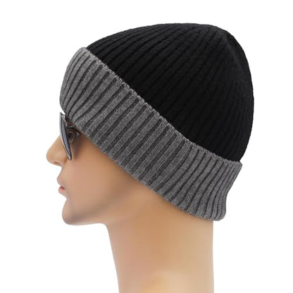 ZLYC Men Winter Knit Fisherman Beanie Hat Fashion Warm Daily Skull Cap - color: Cuffed Gray and Black