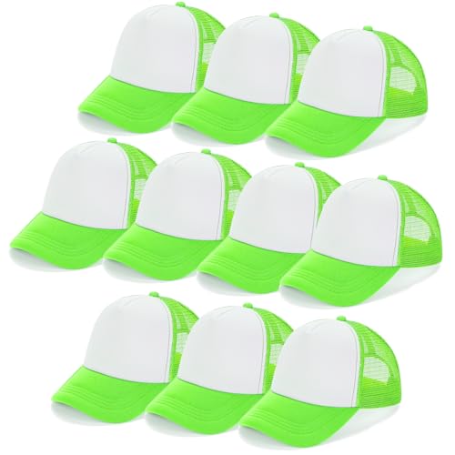 Ultrafun 10 Pack Trucker Hat Mesh Sublimation Blank Hats Adjustable Baseball Caps Hats for Men Women - color: Neon Green White