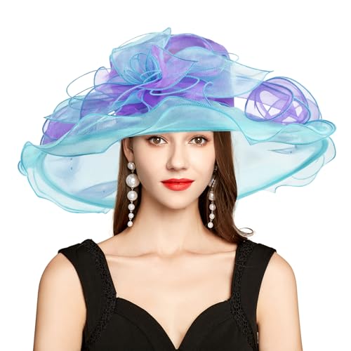 2026 Derby Hats for Women Ladies, Classy Organza Sun Hat, Church Tea Party Wedding Kentucky Fascinator Hat - color: J-2462-purple-blue
