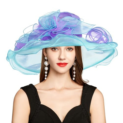 2026 Derby Hats for Women Ladies, Classy Organza Sun Hat, Church Tea Party Wedding Kentucky Fascinator Hat - color: J-2462-purple-blue