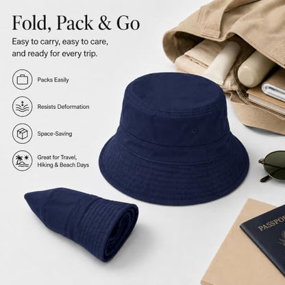 Cotton Bucket Hat Packable Beach Sun Hat for Women Men - color: Navy