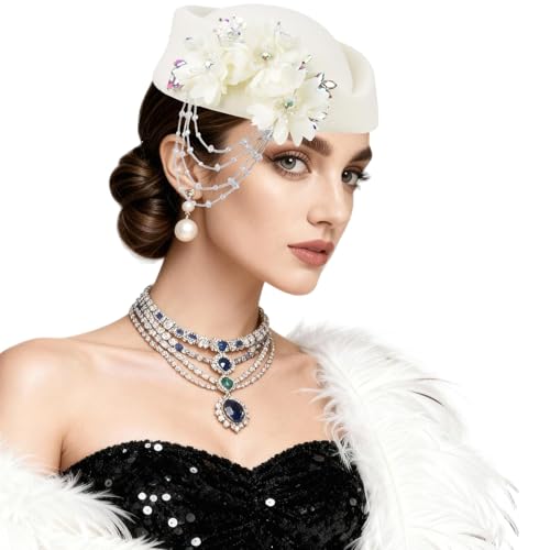 ASO OKE Beret Hats for Women British Felt hat Women's Church Derby with Tassel decorationhat Suitable for Wedding Parties - color: White