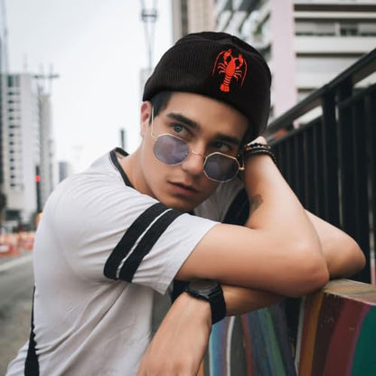 Black Beanie Hat for Men Women Embroidered Knit Winter Beanies Cap - color: Crawfish