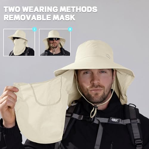 Rosoz Sun Hat for Men Women with Neck Flap& Removable Face Cover Wide Brim - color: 1pack-ivory
