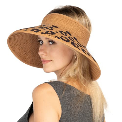 Women Sun Visors Foldable Straw Hats Summer Beach Packable Hat Floppy Wide Brim Cap Deep Style, Adjustable Size - color: Leopard