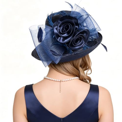 Ruphedy Women Derby Church Dress Bucket Hat Fascinators Tea Party Wedding Hat - color: Navy