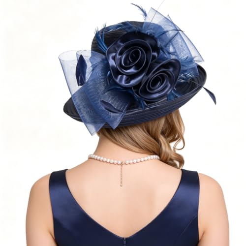 Ruphedy Women Derby Church Dress Bucket Hat Fascinators Tea Party Wedding Hat - color: Navy