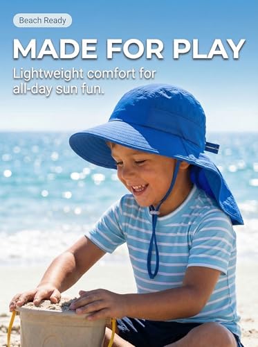 icolor Kids Sun Hat UPF50+ Sun Protection Bucket Hat Toddler Summer Beach Play Hats with Neck Flap for Girl Boy Ages 3~10 - color: Solidblue