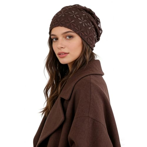 Crochet Slouchy Beanie Hat Turbans Headware for Women - color: Bea01 - Brown