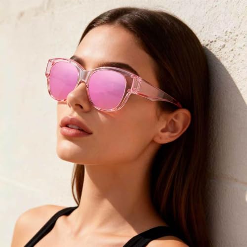 Wzerry Polarized Fit Over Glasses Sunglasses for Women Cat Eye UV400 - color: B09 L Black/Grey+matte Pink/Pink