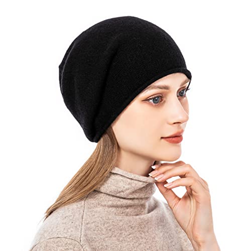Knit Slouchy Beanie Hats for Women Cashmere Ski Cap Knitted Wool Soft Warm Winter Hat - color: A02-black