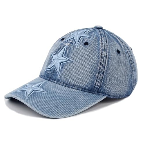 Unisex 3D Star Embroidered Washed Denim Baseball Cap Vintage Men Dad Hat - color: Light Blue
