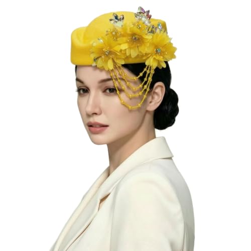 Women's Retro British Felt Headscarf Hat Church Derby Headdress with Floral Women's Soft Beret - color: 02 Lemon Yellow