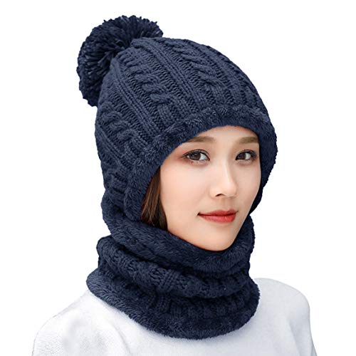 HUAMULAN Women Winter Knit Beanie Hats One Piece Fleece Lined Balaclavas - color: Navy