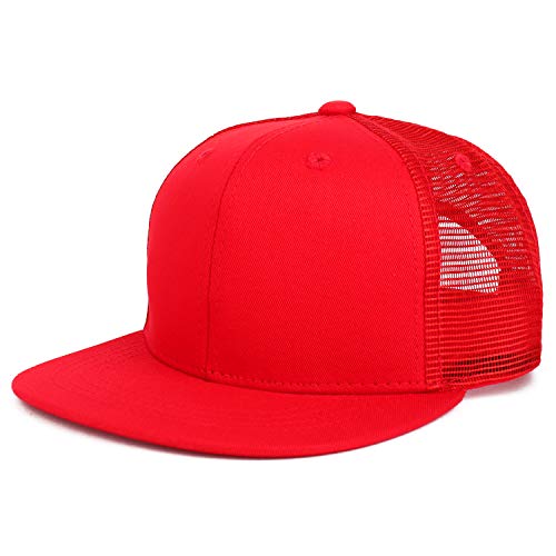 Youth Stylish Flat Bill Structured Mesh Back Snapback Trucker Cap - color: Red Red