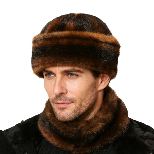 PURFUN Mens Faux Fur Trapper Hat Old Dad Winter Cozy Warm Furry Russian Ushanka Hat Windproof Running Hunting Ski Cap Beanie - color: Coffee