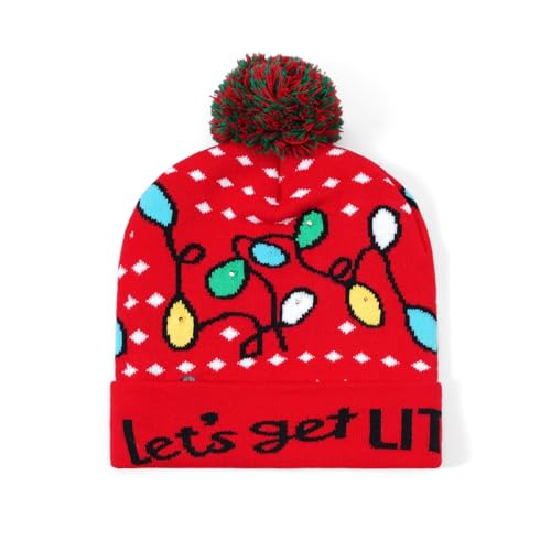 Christmas Hat 2 Pack Light Up Knitted Beanie Hat Xmas Santa Holiday Cap LED Lights - color: Blue+red
