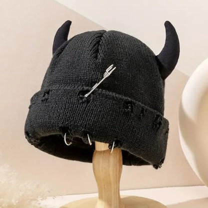 Distressed Ring Beanie Hat for Women Men Slouchy Skull Cap - color: Horns Black