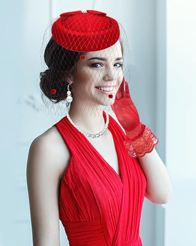 Pillbox Hat with Veil Vintage Fascinators for Women Tea Party Bridal Wedding Halloween First Communion Hats - color: Zz-red Set