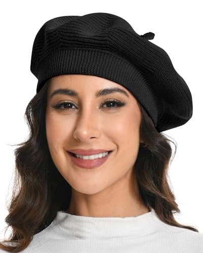 Cotton Knitted Women Beret Hat, French Style Solid Color Beret, Winter Autumn Warm and Soft Beanie Hat - color: Black