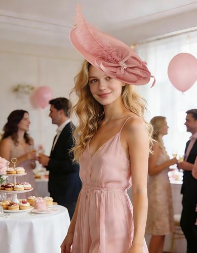 Unpifolov Fascinators Hats Elegant Women Flower Mesh Feathers Wedding Cocktail Bride Headband for Derby Hat Tea Party - color: Pink