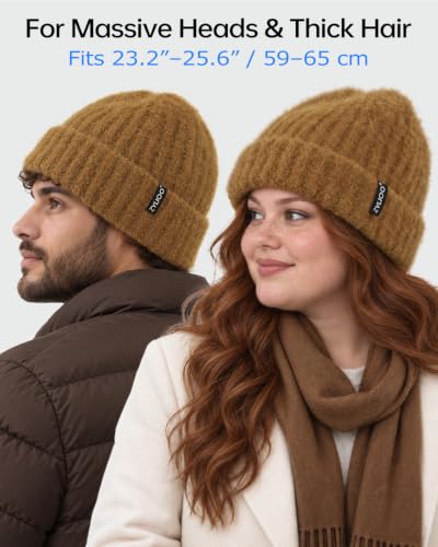 XXL Chunky Beanie for Big Heads Men Women,Loose Thick Knit Winter Hat - color: Coffee Brown